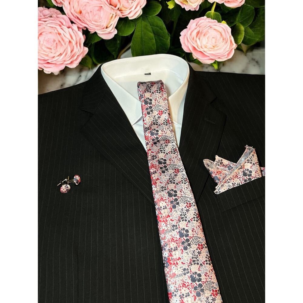 3 Pc Pink Floral Tie Set - Tie Pocket Square Cufflinks 57.75"x3.25"
